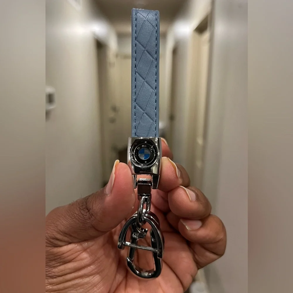 BMW Blue Leather Chrome Keychain & BMW Blue & Silver Car Key Fob Case Cover